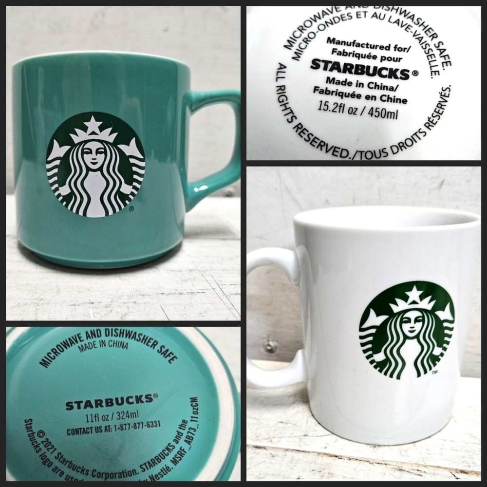 2 STARBUCKS Ceramic Coffee Mugs Large White & Standard Green Collectible